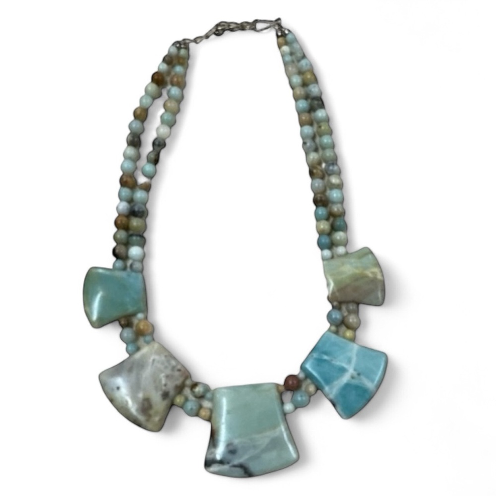 Amazonite Stone Necklace Sterling Chain‎ and Heart clasp chunky statement 18-20”
